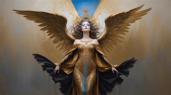 تصویر الهه با موهای فر و لباس طلایی مشکی برای تابلو مجلل