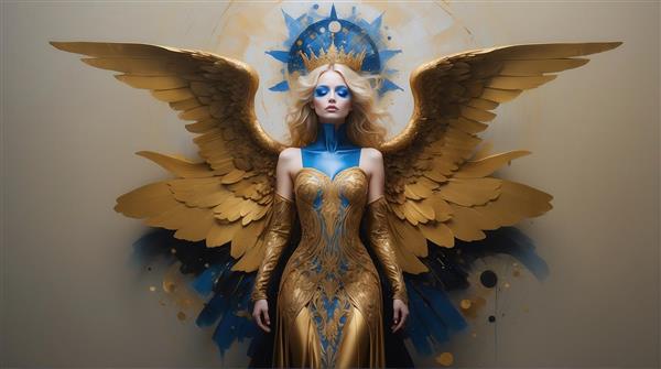 طرح زن بالدار طلایی با پس‌زمینه آبی مدرن برای پوستر باکیفیت