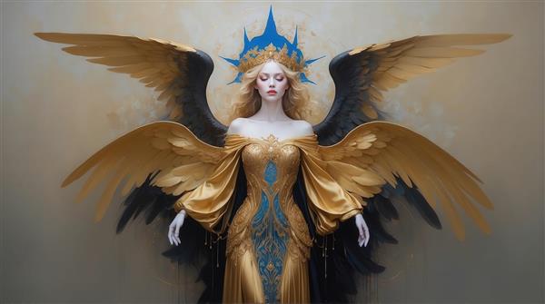 تصویر فرشته با بال‌های دو رنگ و لباس طلایی برای تابلو