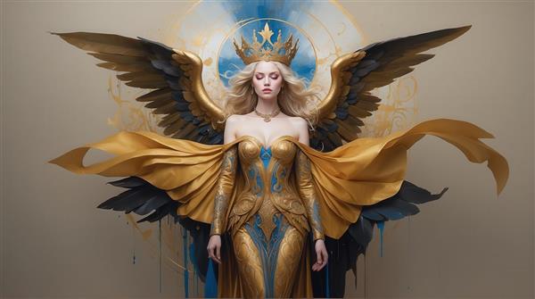 طرح الهه طلایی با پارچه‌های روان و تاج آبی برای پوستر دیواری