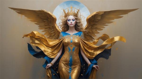 عکس ملکه‌ی بالدار با آستین‌های مجلل و بال‌های طلایی آبی