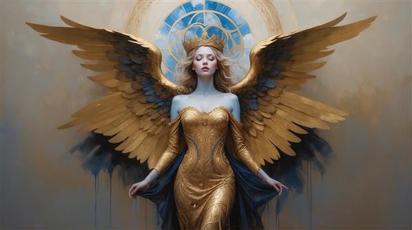 تصویر زن بالدار طلایی با پس‌زمینه شیشه‌ای برای چاپ روی پارچه