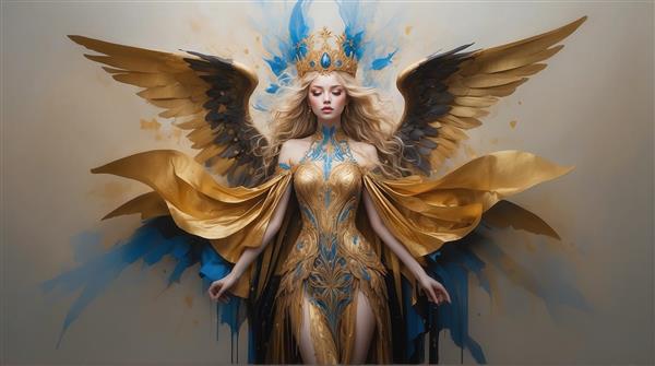 طرح الهه طلایی با لباس و بال‌های دراماتیک برای تابلو دکوراتیو
