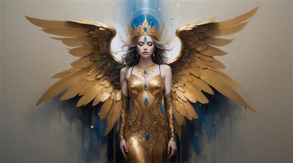 عکس ملکه‌ی بالدار با لباس طلایی و سنگ آبی برای پوستر دیواری