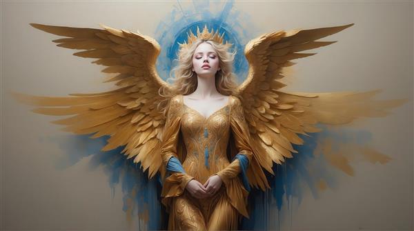 تصویر فرشته بال طلایی با موهای بلوند و آستین بلند برای تابلو