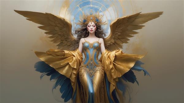 عکس زن بالدار طلایی با لباس آبی و پارچه‌های آبرنگی برای چاپ