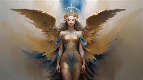طرح فرشته بال طلایی با موهای روشن و لباس مجلل برای تابلو