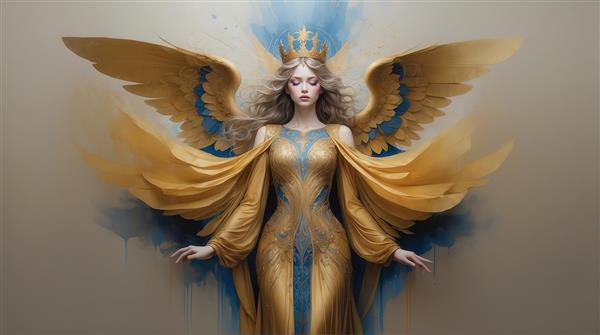 عکس الهه با بال‌های روشن و لباس بلند طلایی برای چاپ