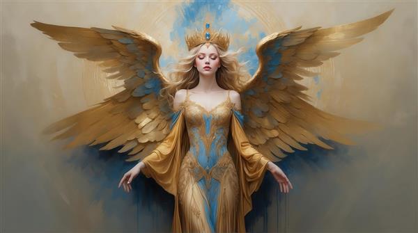 طرح ملکه بالدار فانتزی با رنگ‌های طلایی و آبی برای تابلو