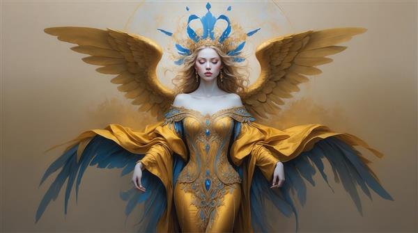 تصویر فرشته با لباس طلایی و تاج آبی برای پوستر دکوراتیو پذیرایی