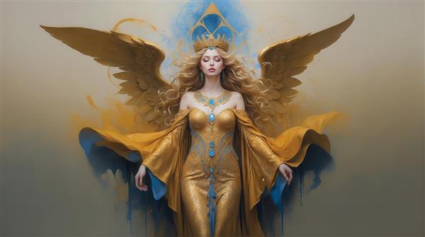 طرح زن بالدار طلایی با پارچه‌های آبی برای تابلو دیواری باکیفیت