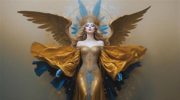 تصویر ملکه بالدار با لباس مجلل طلایی و آبی برای چاپ کوسن