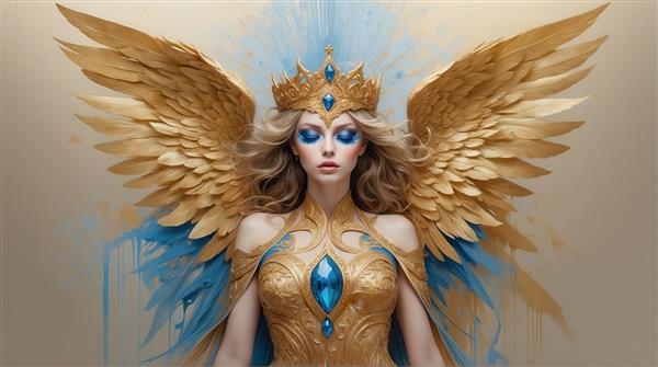 طرح فرشته بال طلایی با لباس آبی و تاج سلطنتی برای تابلو