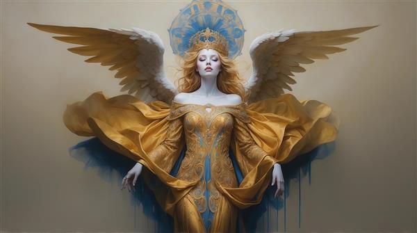 طرح الهه طلایی با بال‌های روشن برای تابلو دکوراتیو اتاق خواب