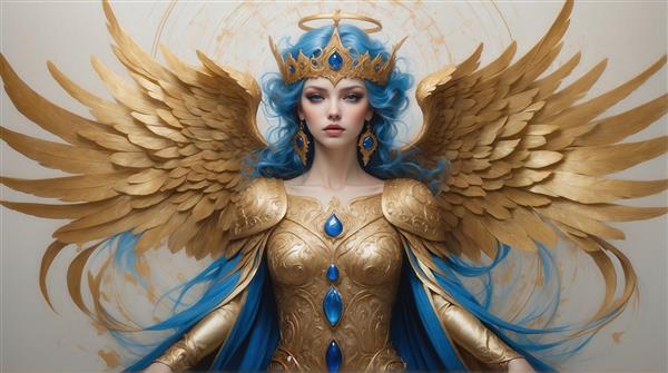 عکس فرشته با موهای آبی تیره و لباس طلایی برای پرده و کوسن