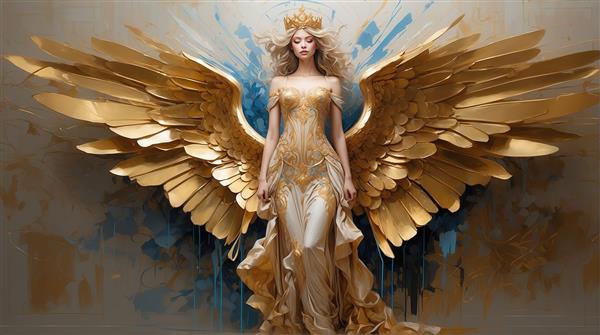 تصویر مجلل ملکه‌ی آسمانی با بال‌های بزرگ طلایی برای چاپ