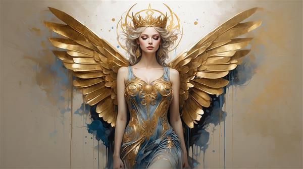 طرح زن بالدار طلایی آبی باکیفیت برای تابلو دکوراتیو نشیمن