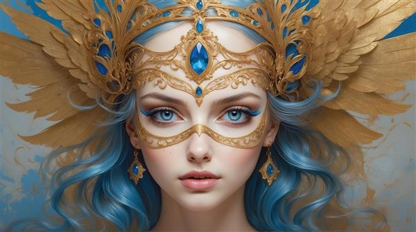 طرح الهه نقاب‌دار طلایی با موهای آبی برای چاپ روی ماگ