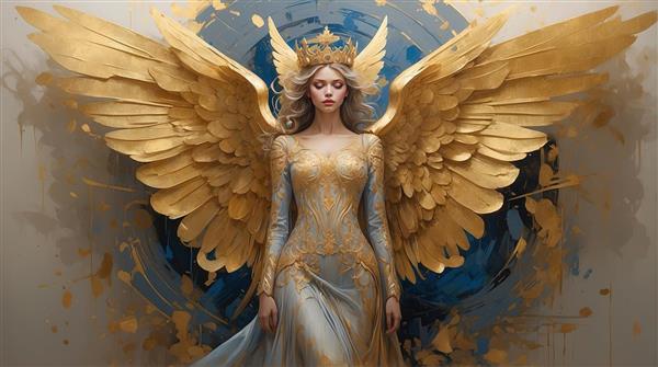 تصویر ملکه بالدار فانتزی با لباس طلایی سفید برای پوستر دیواری