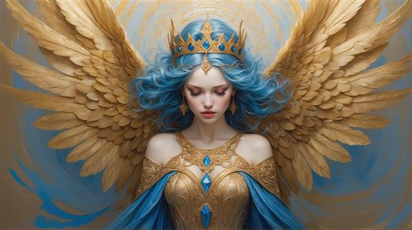 عکس فرشته بال طلایی با موی آبی برای تابلو دکوراتیو لوکس