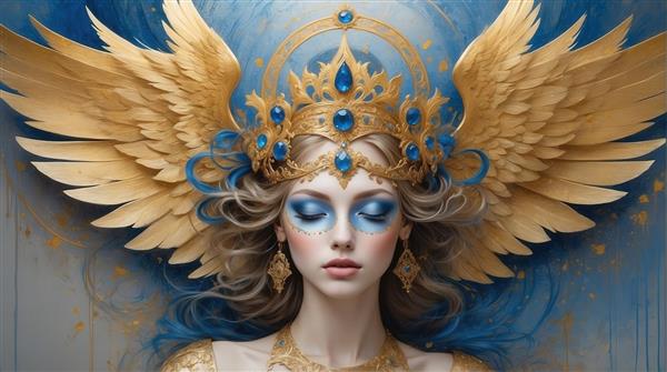 طرح کلوزآپ زن فرشته با تاج و آرایش آبی، چشم بسته برای چاپ ماگ