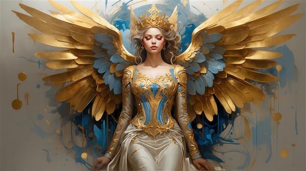 پوستر زن فرشته با لباس سفید و طلایی و بال‌های بزرگ طلایی باکیفیت