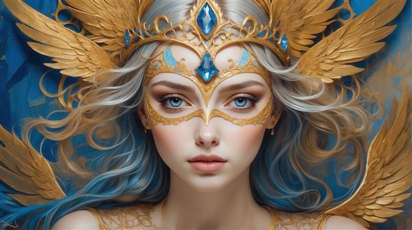 عکس کلوزآپ زن فرشته با ماسک طلایی بال‌دار و موهای سفید آبی