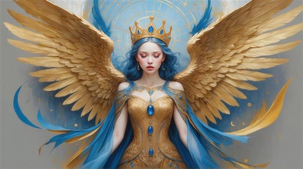 تصویر زن فرشته با موی آبی، لباس طلایی و شنل آبی برای چاپ عریض