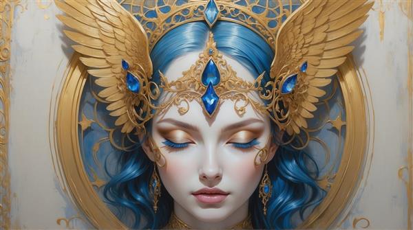 طرح کلوزآپ زن فرشته با موی آبی و تاج بزرگ طلایی نگین‌دار برای تابلو