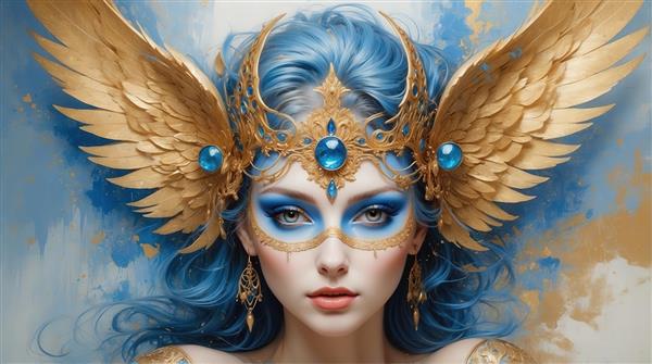 عکس کلوزآپ زن فرشته با موی آبی و ماسک طلایی برای پوستر دکوراتیو