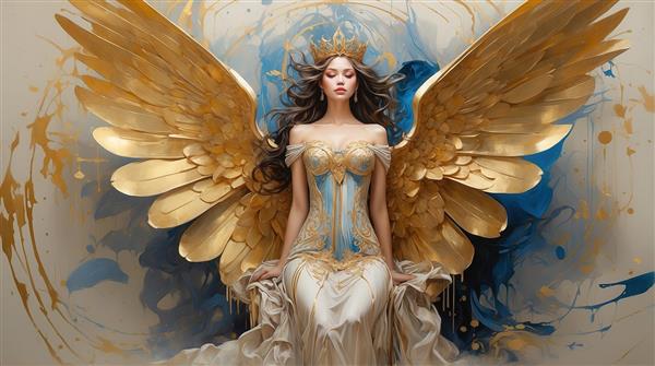 تصویر زن فرشته با لباس سفید و طلایی و پس‌زمینه انتزاعی طلایی و آبی