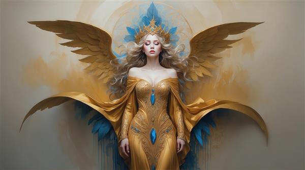 طرح زن فرشته با لباس طلایی، شال گشاد و بال‌های پهن برای تابلو دیواری
