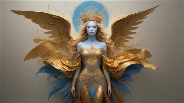 پوستر زن فرشته با پوست آبی و لباس طلایی و بال‌های بزرگ برای چاپ