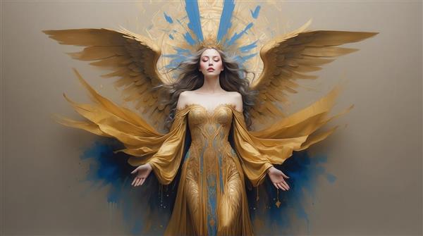 عکس زن فرشته با لباس طلایی و شال گشاد و پاشش رنگ آبی در پس‌زمینه