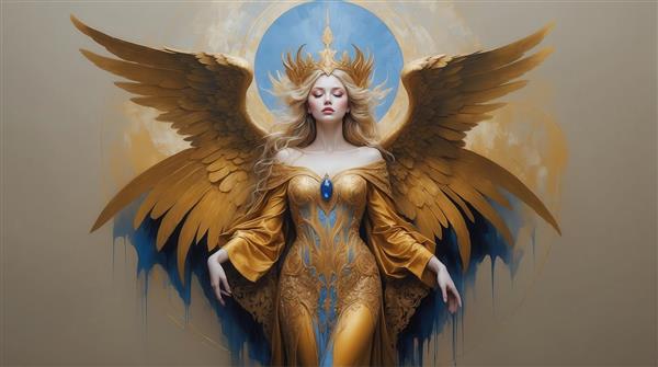 تصویر زن فرشته با لباس آستین گشاد طلایی و بال‌های پردار باکیفیت