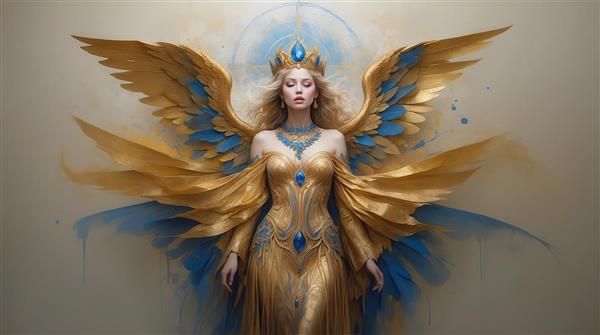 طرح زن فرشته با لباس طلایی پرنگین و بال‌های پهن مناسب چاپ عریض