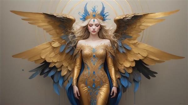 پوستر زن فرشته با لباس تنگ طلایی و بال‌های پر دار بزرگ طلایی آبی