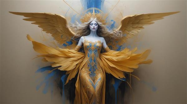 عکس زن فرشته با لباس روان طلایی و آبی و پس‌زمینه انتزاعی روشن