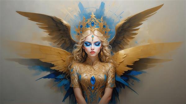 تصویر زن فرشته با آرایش چشم آبی تند و بال طلایی آبی برای تابلو