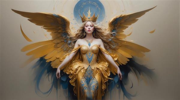 طرح زن فرشته با بال طلایی بزرگ، لباس آبی و طلایی و پس‌زمینه روشن