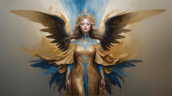 پوستر زن فرشته با لباس طلایی، بال ساده و پاشش رنگ آبی در پس‌زمینه