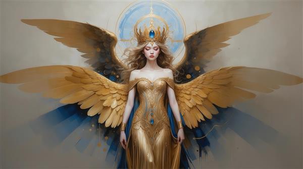 عکس زن فرشته با لباس تنگ طلایی و آبی و بال‌های پهن برای دکوراسیون