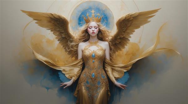 تصویر زن فرشته با بال طلایی ساده و لباس طلایی آبی مناسب چاپ روی ماگ