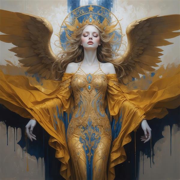 طرح زن فرشته با لباس طلایی طرحدار، شال گشاد و بال‌های ساده برای چاپ