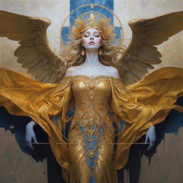 عکس فرشته زن با لباس طلایی و آبی، بال و تاج طلایی مناسب تابلو