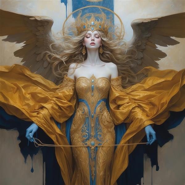تصویر زن فرشته با شنل طلایی گشاد و لباس فاخر آبی طلایی برای دکور