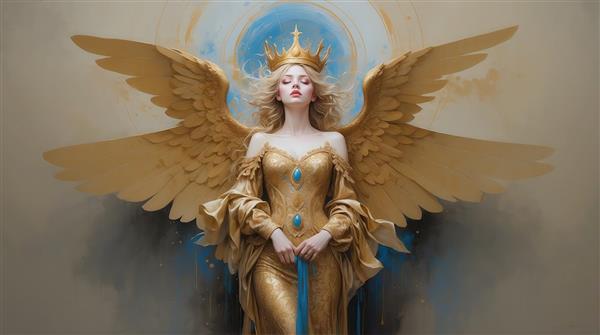 عکس فرشته زن ایستاده با لباس طلایی و بال‌های ساده برای چاپ دیواری