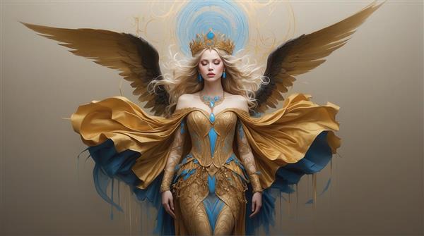 طرح فرشته زن با لباس طلایی، شنل گشاد و بال‌های ساده برای پوستر عریض