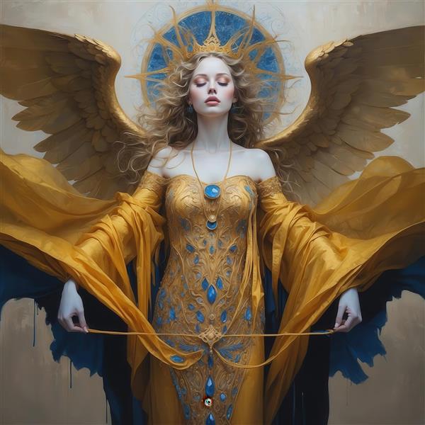 تصویر فرشته زن با لباس طلایی گشاد و بال ساده‌تر برای تابلو دیواری