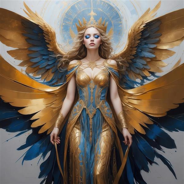 عکس زن فرشته با لباس طلایی و آبی و بال‌های پر باکیفیت برای دکور